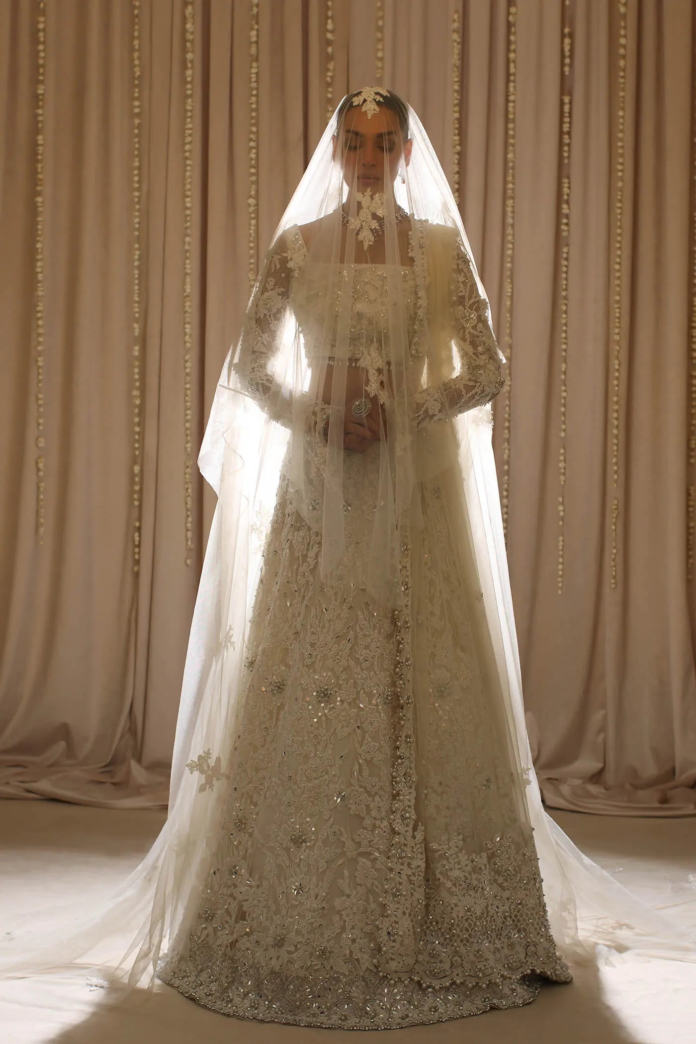 Model wearing The Modern Maharani's DIVINE SWAN, an equisite mold by Musferah Saad UK, Pakistani Clothes UK.