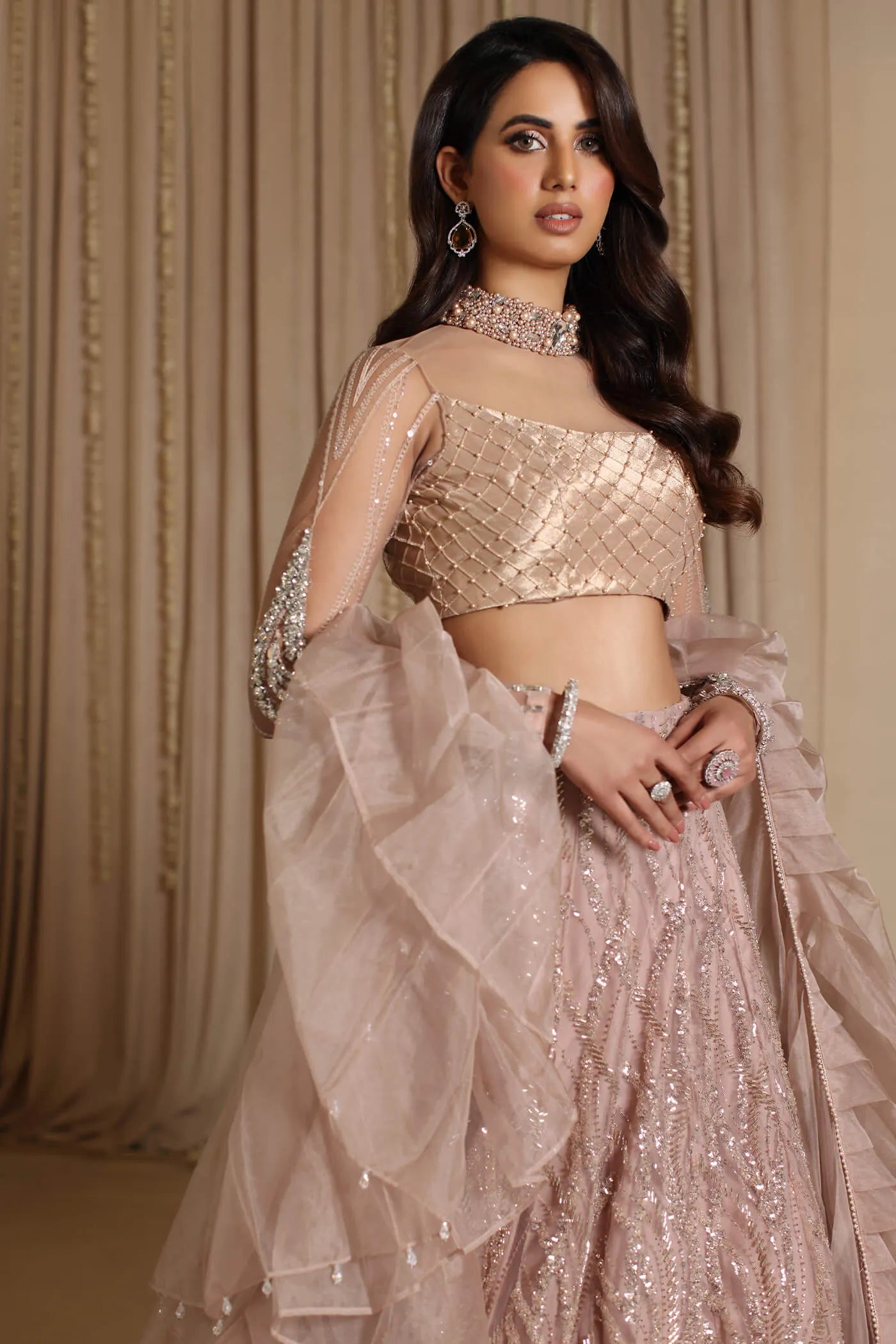 Model wearing The Modern Maharani's PRINCESS ROSETTE, an equisite mold by Musferah Saad UK, Pakistani Clothes UK.