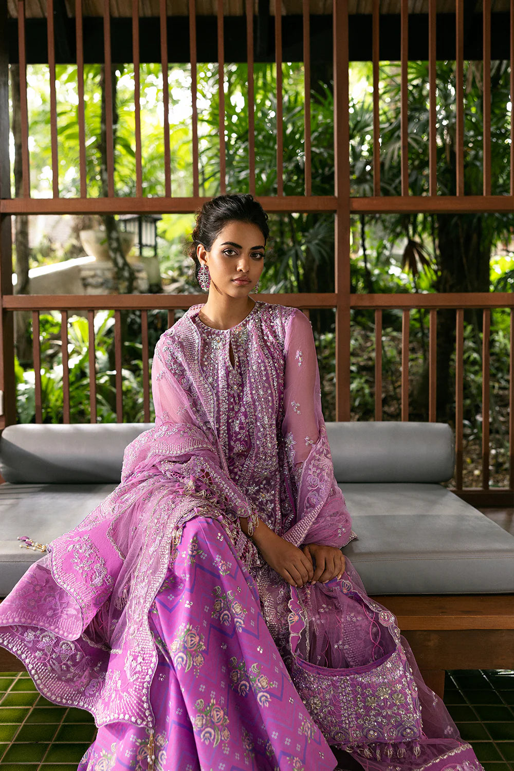 Model wearing Saira Rizwan LIYANA-SRF25-07 in lilac pink with intricate embroidery – Pakistani luxury pret, shop online in UK.