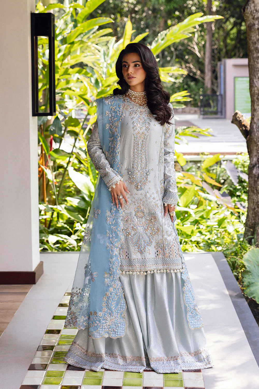 Model wearing Saira Rizwan SORAYA-SRF25-06 in ice blue with silver embroidery – Pakistani luxury pret, shop online in UK.