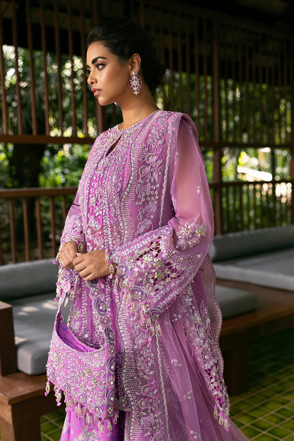 Model wearing Saira Rizwan LIYANA-SRF25-07 in lilac pink with intricate embroidery – Pakistani luxury pret, shop online in UK.