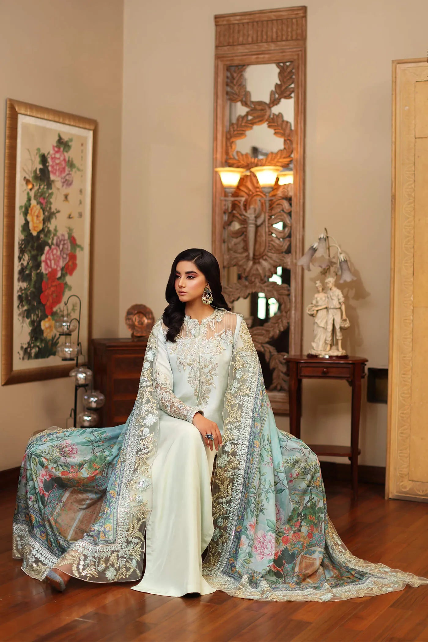Elegant model in Musferah Saad's AZURE dress from the Eid '24 collection, classic Pakistani fashion UK.