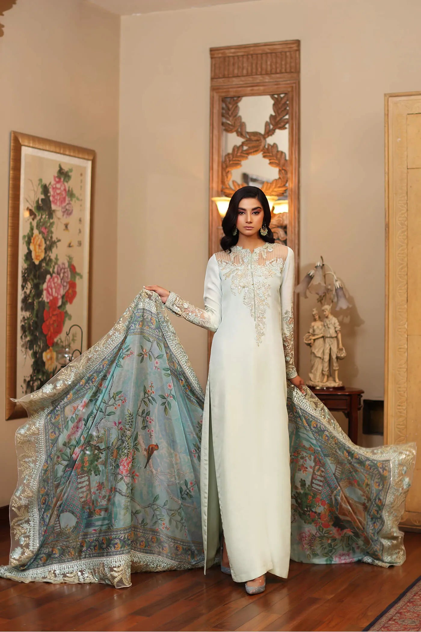 Elegant model in Musferah Saad's AZURE dress from the Eid '24 collection, classic Pakistani fashion UK.