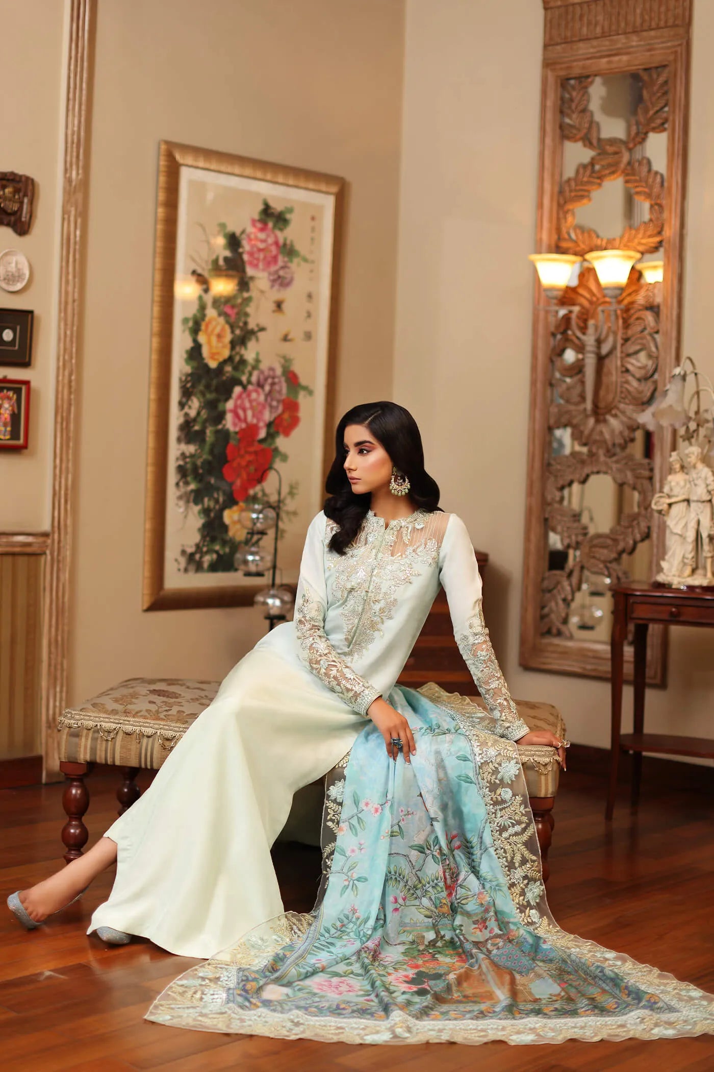 Elegant model in Musferah Saad's AZURE dress from the Eid '24 collection, classic Pakistani fashion UK.