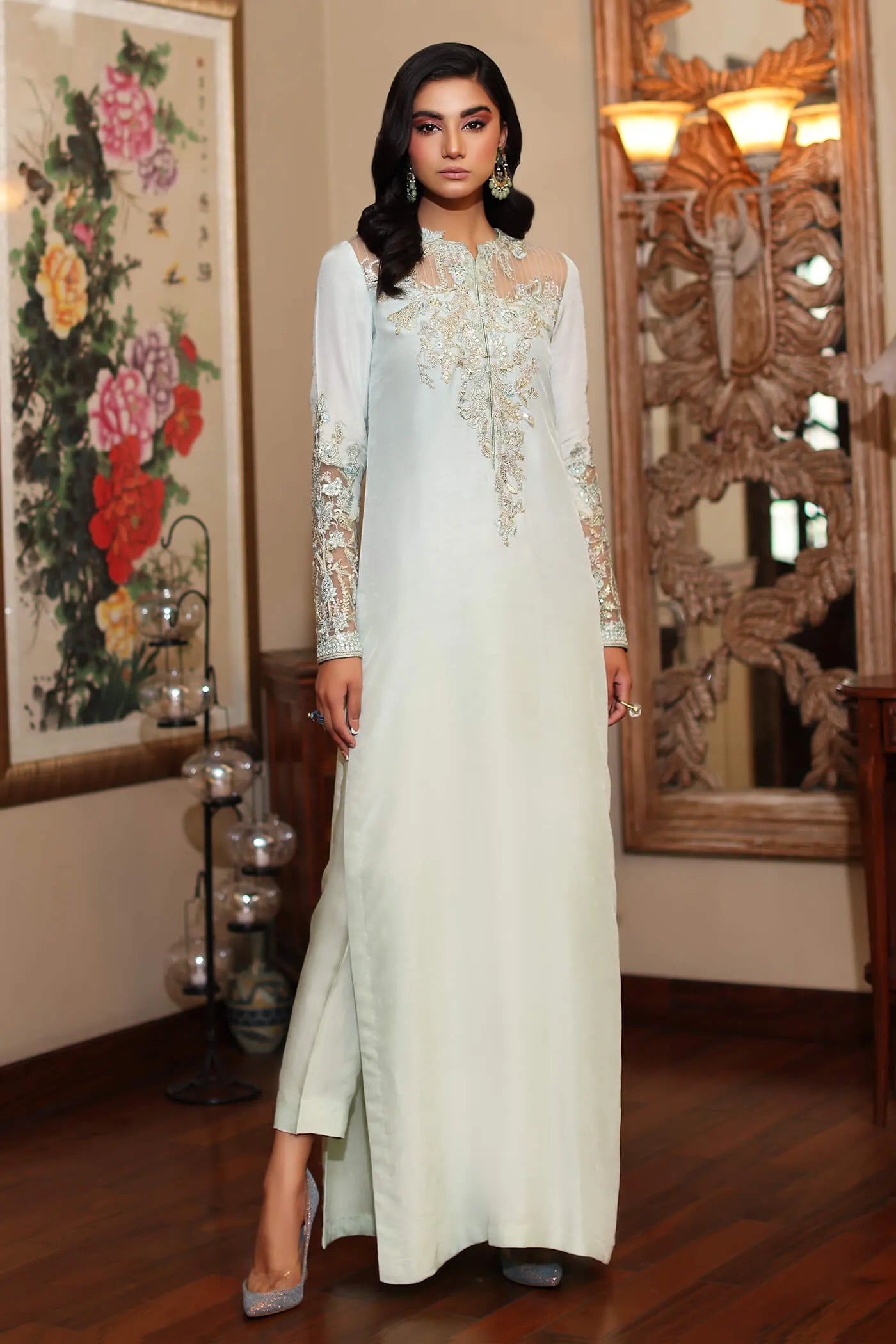 Elegant model in Musferah Saad's AZURE dress from the Eid '24 collection, classic Pakistani fashion UK.