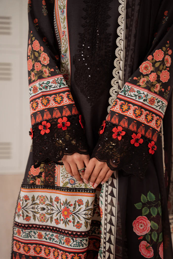 Model wearing navy blue ZUMRA-A-SRL25-07 from Saira Rizwan Laneem SS/25, showcasing Pakistani luxury pret and clothes online in UK.