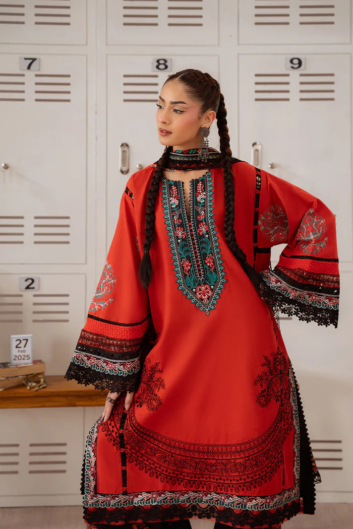 Model wearing red and black NAZLI-B-SRL25-06 from Saira Rizwan Laneem SS/25, perfect for Pakistani luxury pret and clothes online in UK.