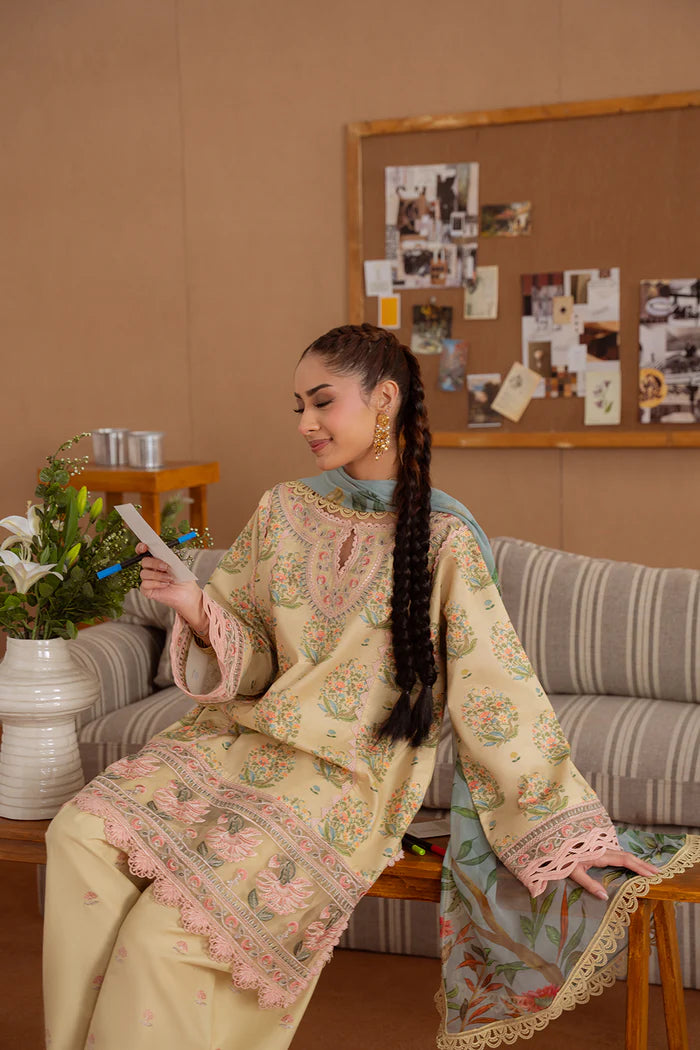 Model wearing pastel yellow NERIDA-A-SRL25-02 from Saira Rizwan Laneem SS/25, ideal for Pakistani luxury pret and clothes online in UK.