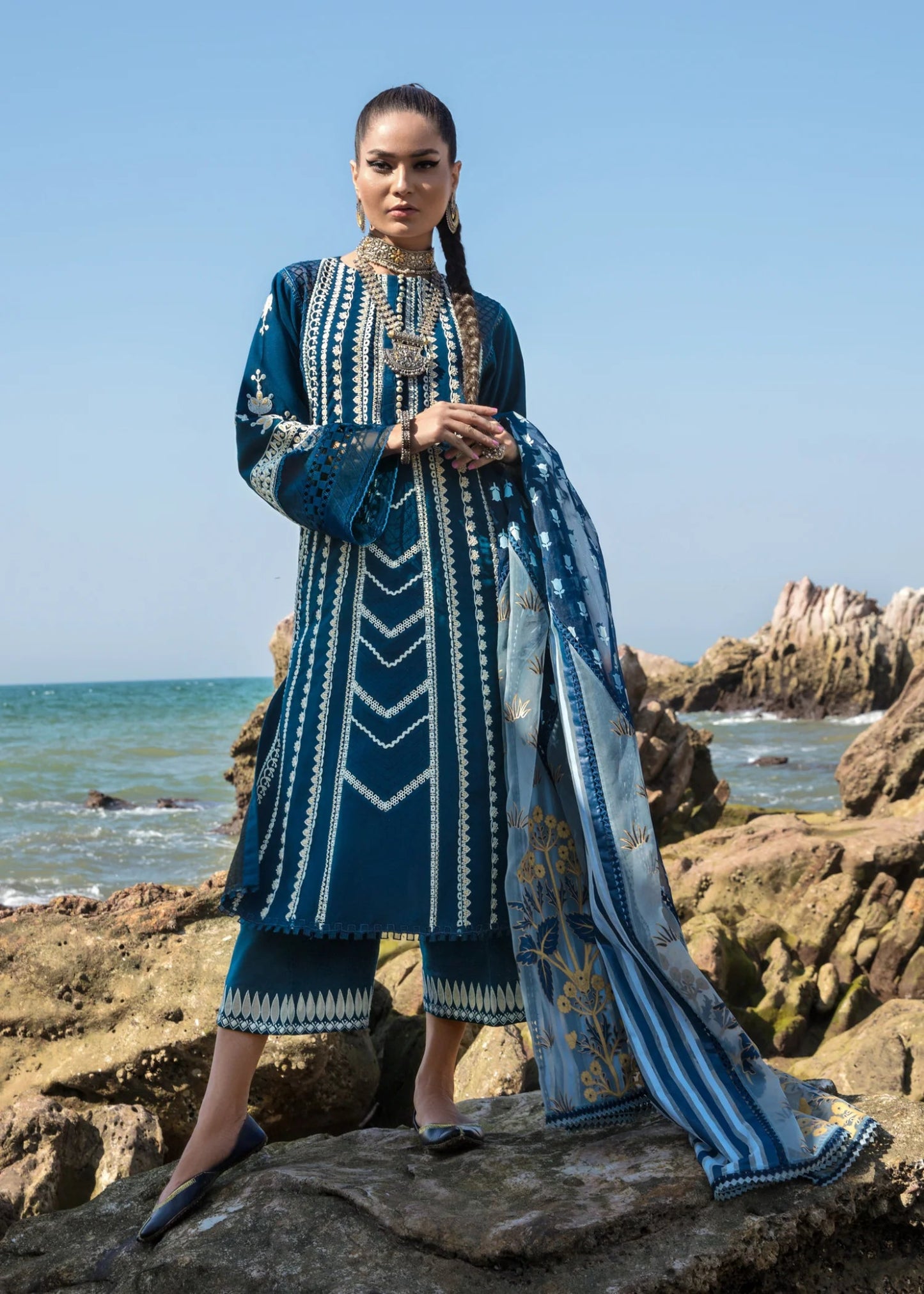 Model in Crimson UK's 'Marori Dreams - D4 A' lawn dress, Pakistani fashion, ready to ship.