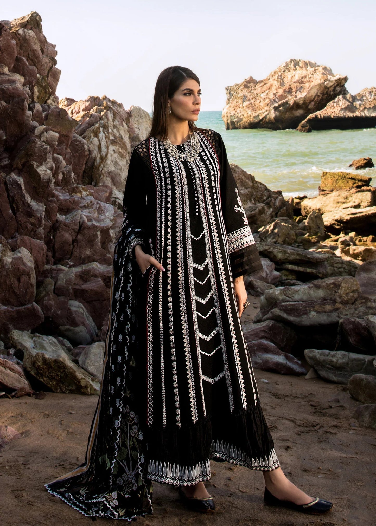 Model in 'Marori Dreams - D4 B' by Crimson UK, elegant Pakistani attire, ready for dispatch.