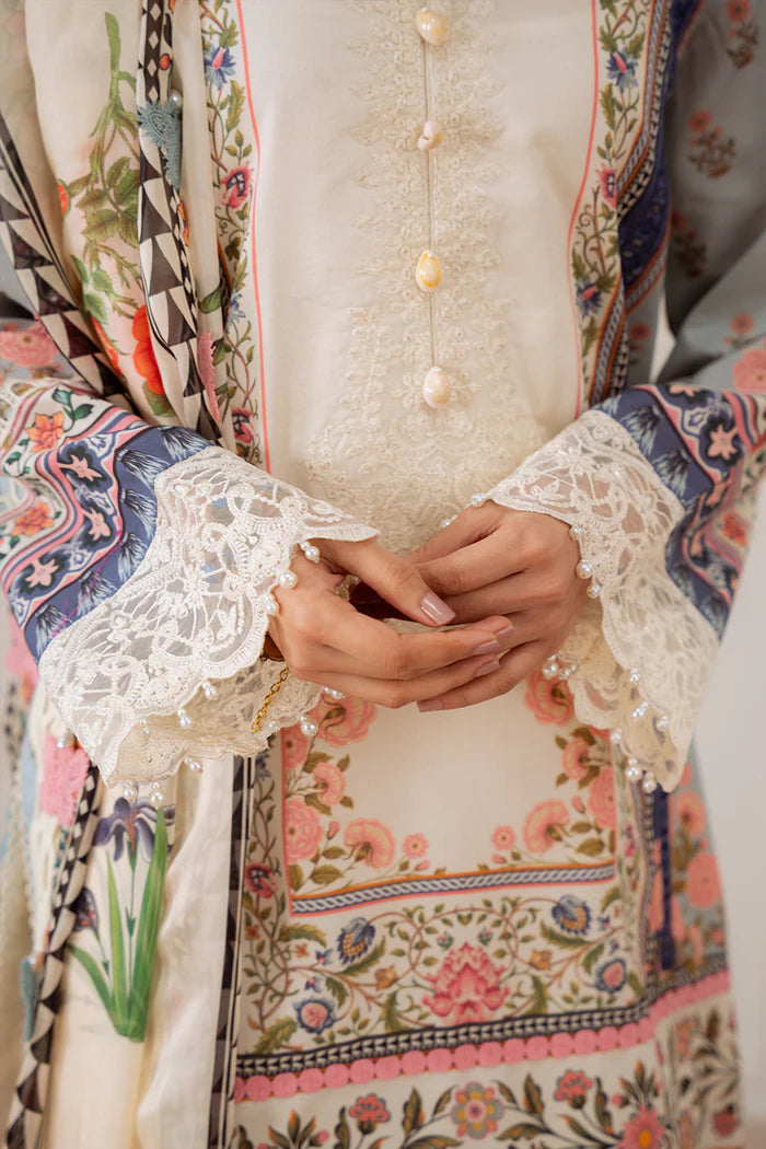 Model wearing cream and pastel multicolour ZUMRA-B-SRL25-07 from Saira Rizwan Laneem SS/25, perfect for Pakistani luxury pret in the UK.