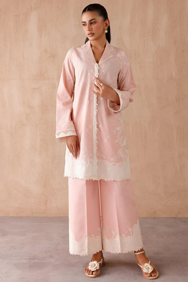Model wearing pink embroidered coords EP-01 Dena from Qalamkar, Pakistani luxury pret online in UK.