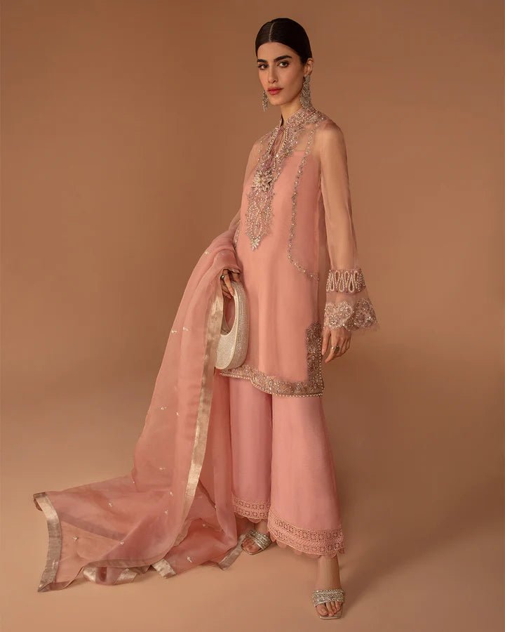 Model wearing a peach Auset dress with intricate silver embroidery from Faiza Saqlain's Aleira Evening Edit '24 collection. Pakistani clothes online in UK.