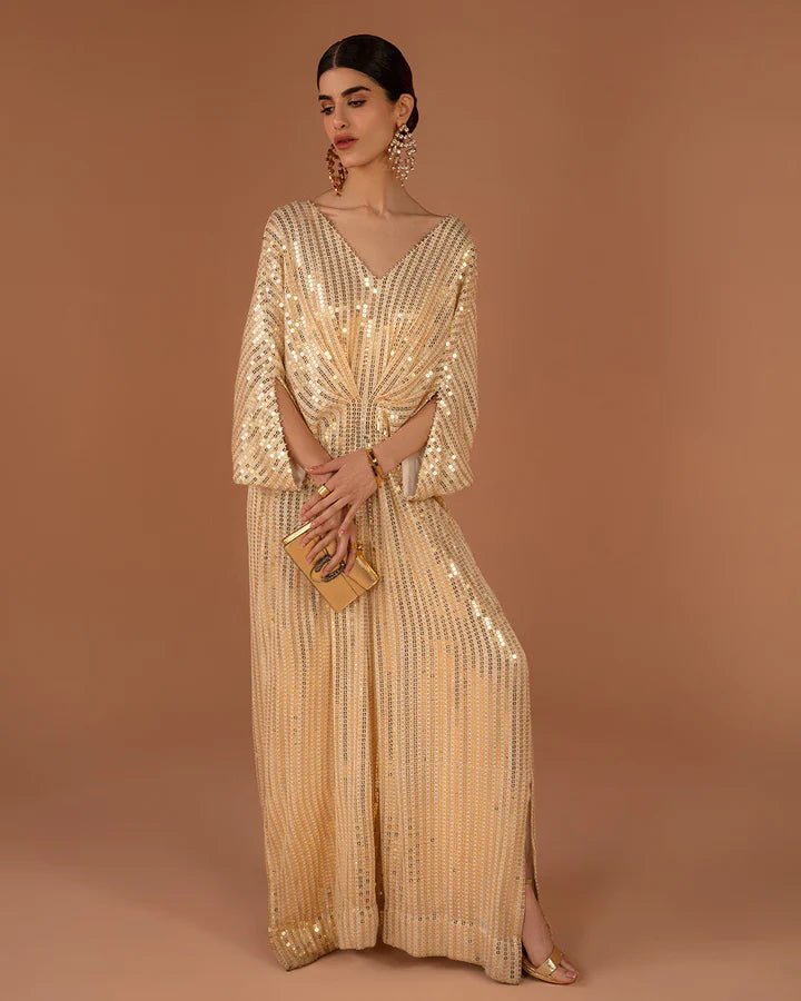 Faiza Saqlain UK Beyza dress, glamorous golden sequin, Pakistani clothes UK.