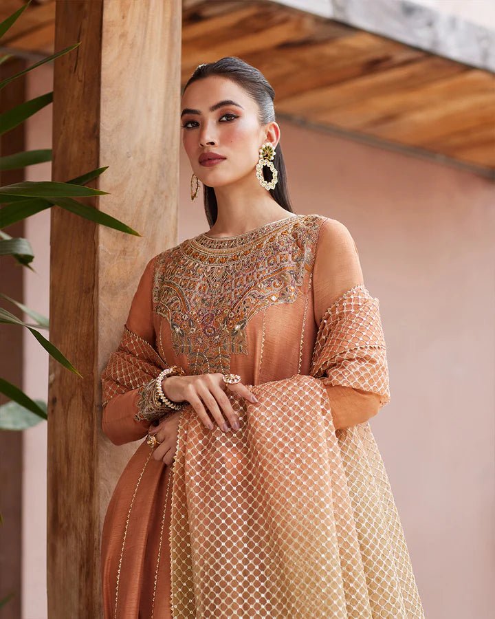 Model wearing a rust - colored Dalisay dress from Faiza Saqlain's Lenora Luxury Pret '24 collection. Pakistani clothes online in UK.