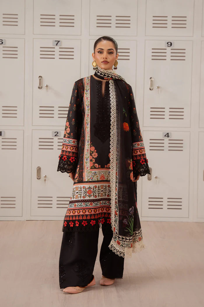 Model wearing navy blue ZUMRA-A-SRL25-07 from Saira Rizwan Laneem SS/25, showcasing Pakistani luxury pret and clothes online in UK.