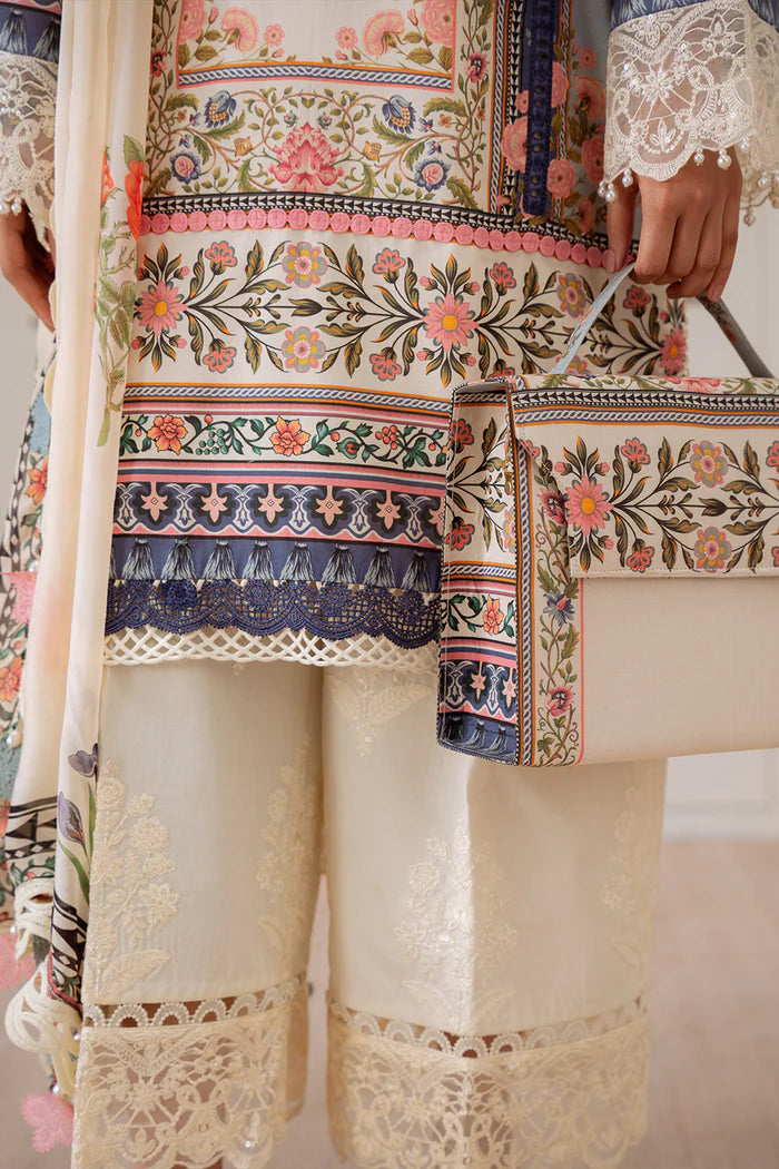 Model wearing cream and pastel multicolour ZUMRA-B-SRL25-07 from Saira Rizwan Laneem SS/25, perfect for Pakistani luxury pret in the UK.