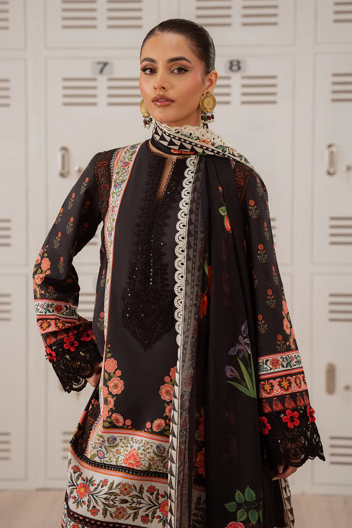 Model wearing navy blue ZUMRA-A-SRL25-07 from Saira Rizwan Laneem SS/25, showcasing Pakistani luxury pret and clothes online in UK.