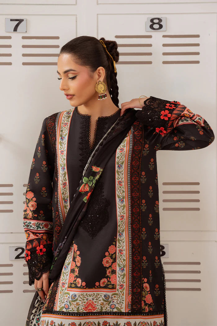 Model wearing navy blue ZUMRA-A-SRL25-07 from Saira Rizwan Laneem SS/25, showcasing Pakistani luxury pret and clothes online in UK.