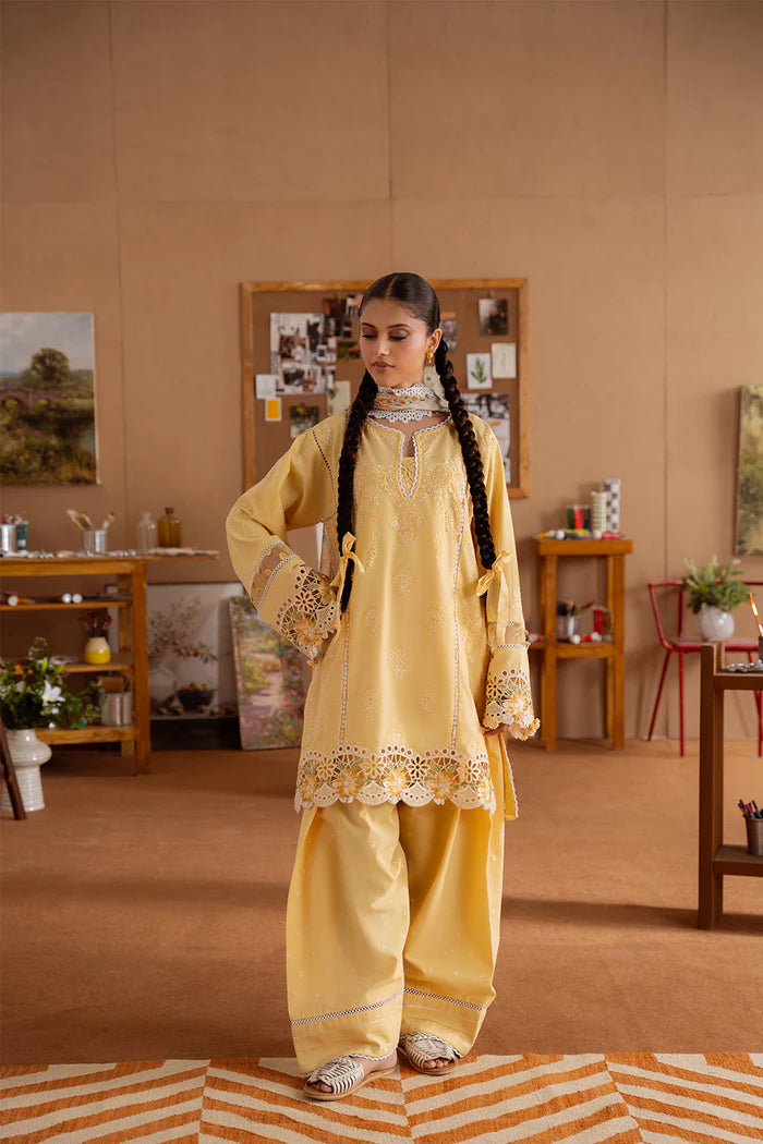 Model wearing yellow LEYLA-A-SRL25-04 from Saira Rizwan Laneem SS/25, ideal for Pakistani luxury pret and Pakistani clothes online in UK.