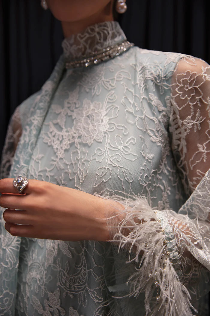 Model wearing Saira Rizwan Luxury Pret Chantilly '23 NEVAN dress, showcasing Pakistani clothes online in UK.