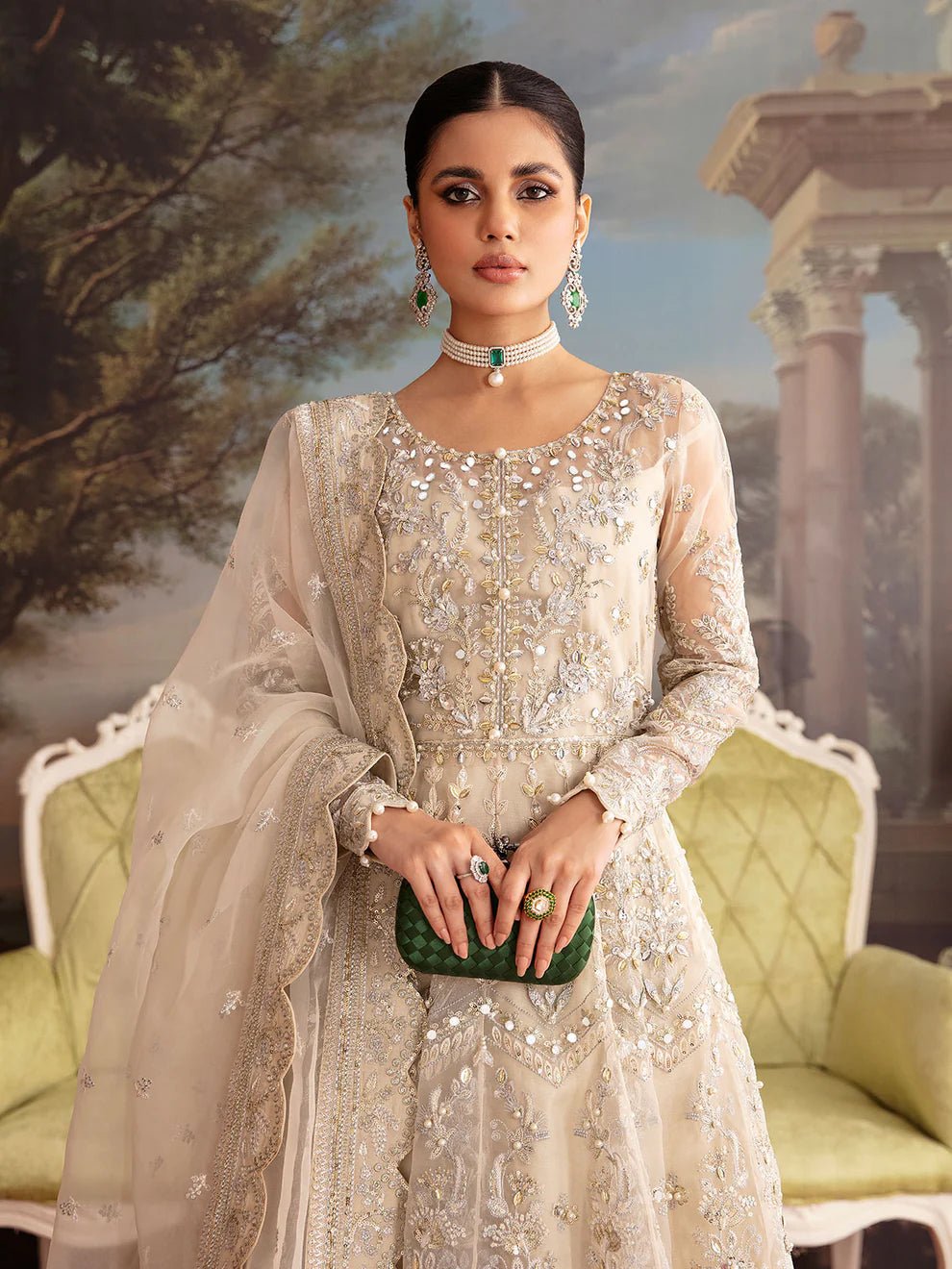 Model wearing a beige ARIANA GL - LP - V2 - 12 dress from Gulaal's Luxury Pret collection. Shop Pakistani clothes online in UK.
