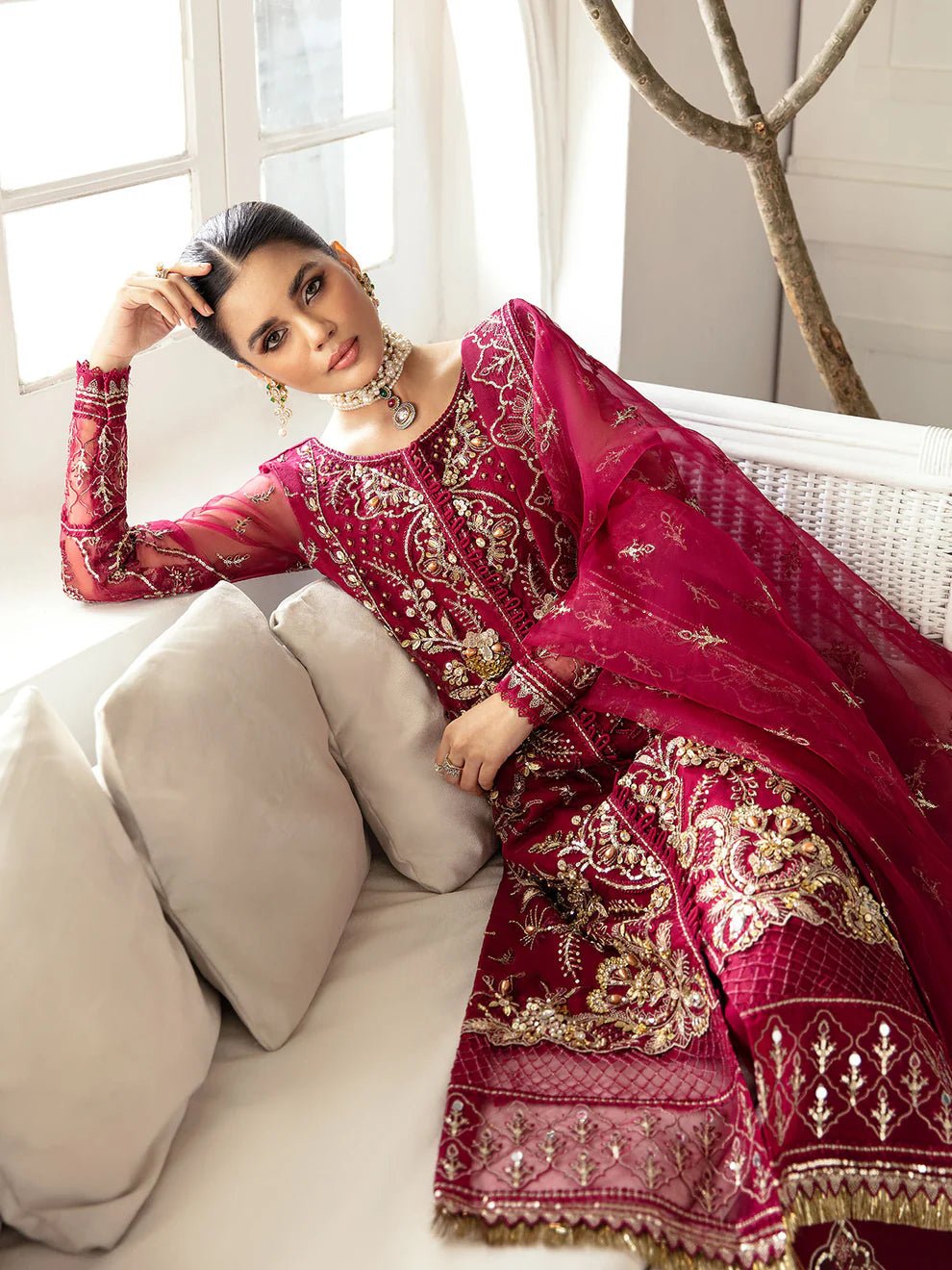 Model wearing red gold SAMARA GL - LP - V2 - 16 dress from Gulaal, adorned with exquisite embroidery and embellishments, ideal for Pakistani clothes online in UK.