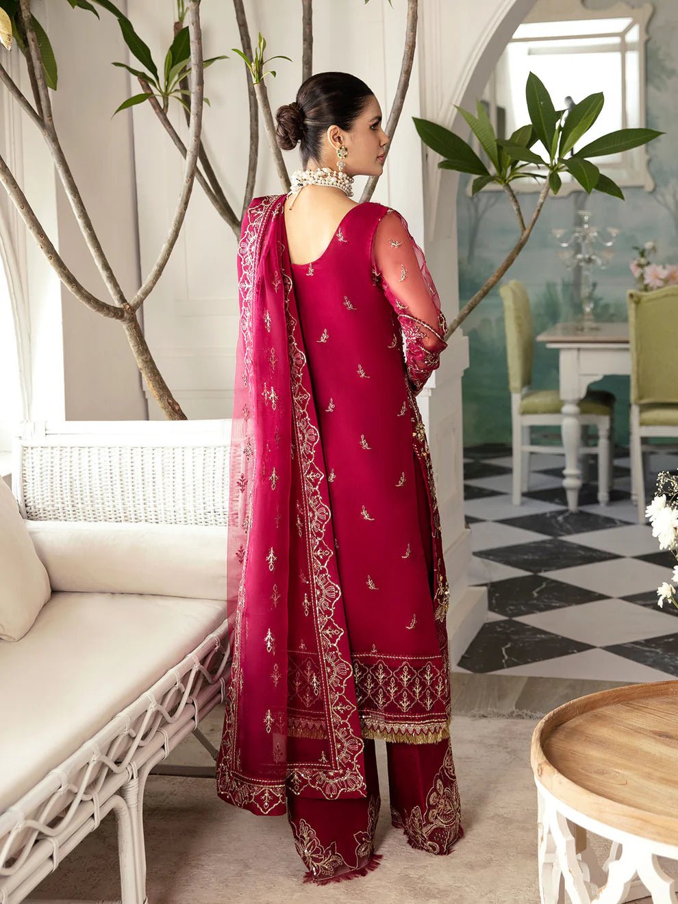 Model wearing red gold SAMARA GL - LP - V2 - 16 dress from Gulaal, adorned with exquisite embroidery and embellishments, ideal for Pakistani clothes online in UK.
