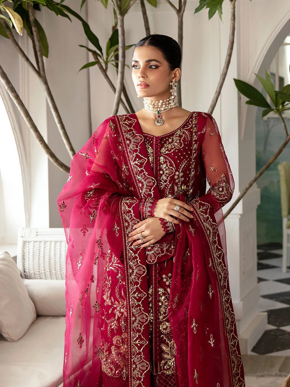 Model wearing red gold SAMARA GL - LP - V2 - 16 dress from Gulaal, adorned with exquisite embroidery and embellishments, ideal for Pakistani clothes online in UK.