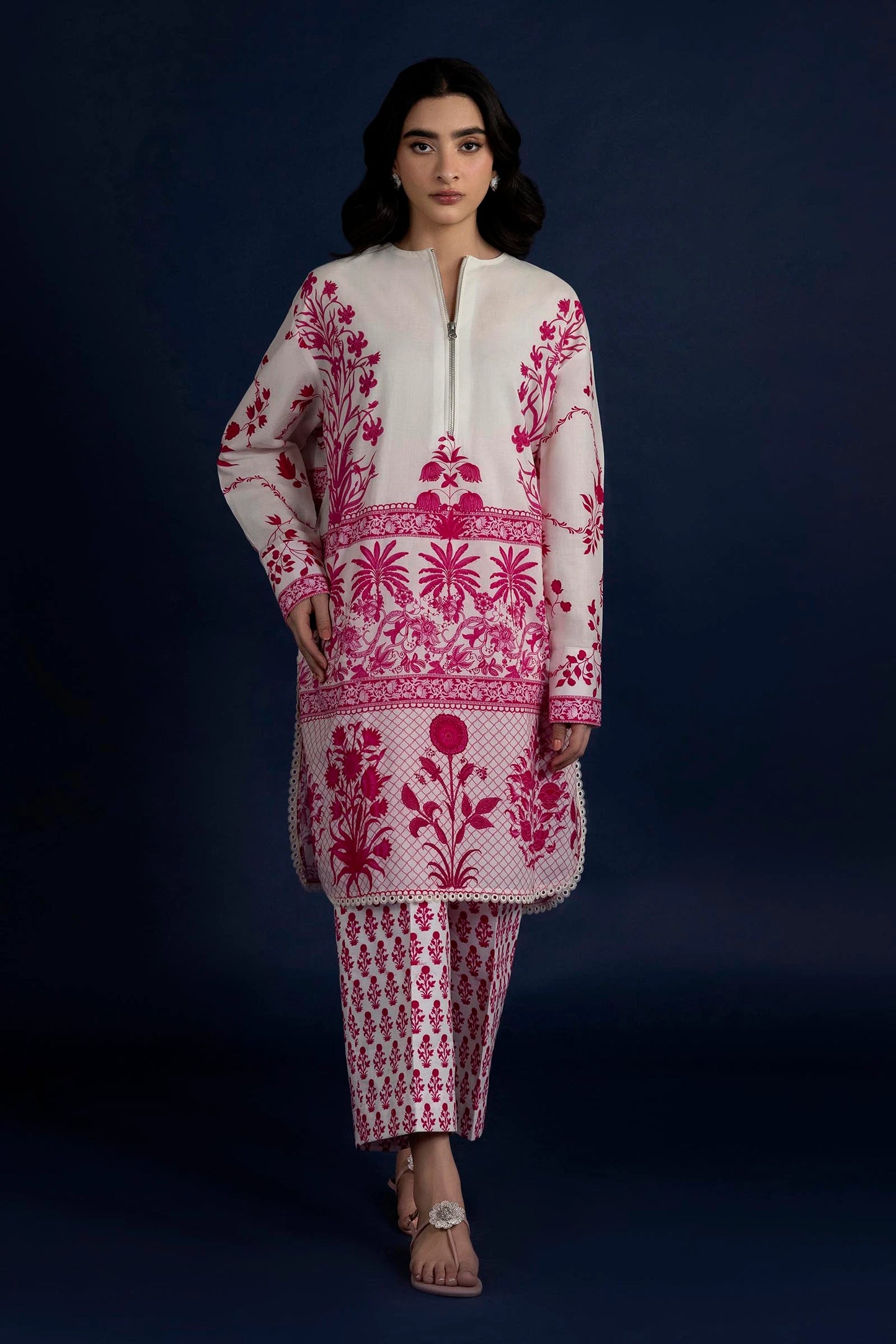 Model wearing white and pink printed kurta with matching trousers from Sana Safinaz H251-008A-2AC, Pakistani clothes online in UK.