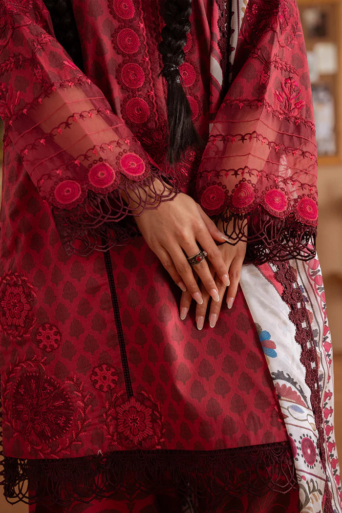Model wearing deep maroon SEREN-A-SRL25-08 from Saira Rizwan Laneem SS/25, ideal for Pakistani luxury pret and clothes online in UK.