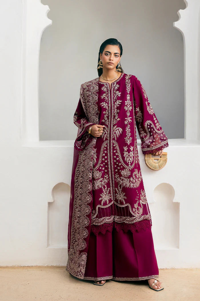 Model wearing deep maroon Saira Rizwan BELLA SREP03-25 from Sajri Eid Pret '25, Pakistani luxury pret, shop Saira Rizwan clothes online in UK.