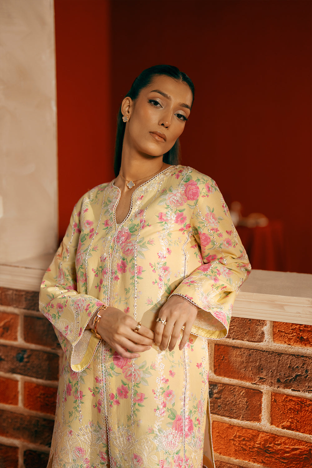Model wearing yellow floral embroidered outfit from Saira Rizwan Joolie | YELLOW-JBP25-01, Pakistani luxury pret available online in UK.