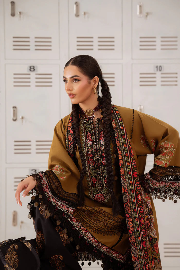 Model wearing mustard and black NAZLI-A-SRL25-06 from Saira Rizwan Laneem SS/25, ideal for Pakistani luxury pret and clothes online in UK.