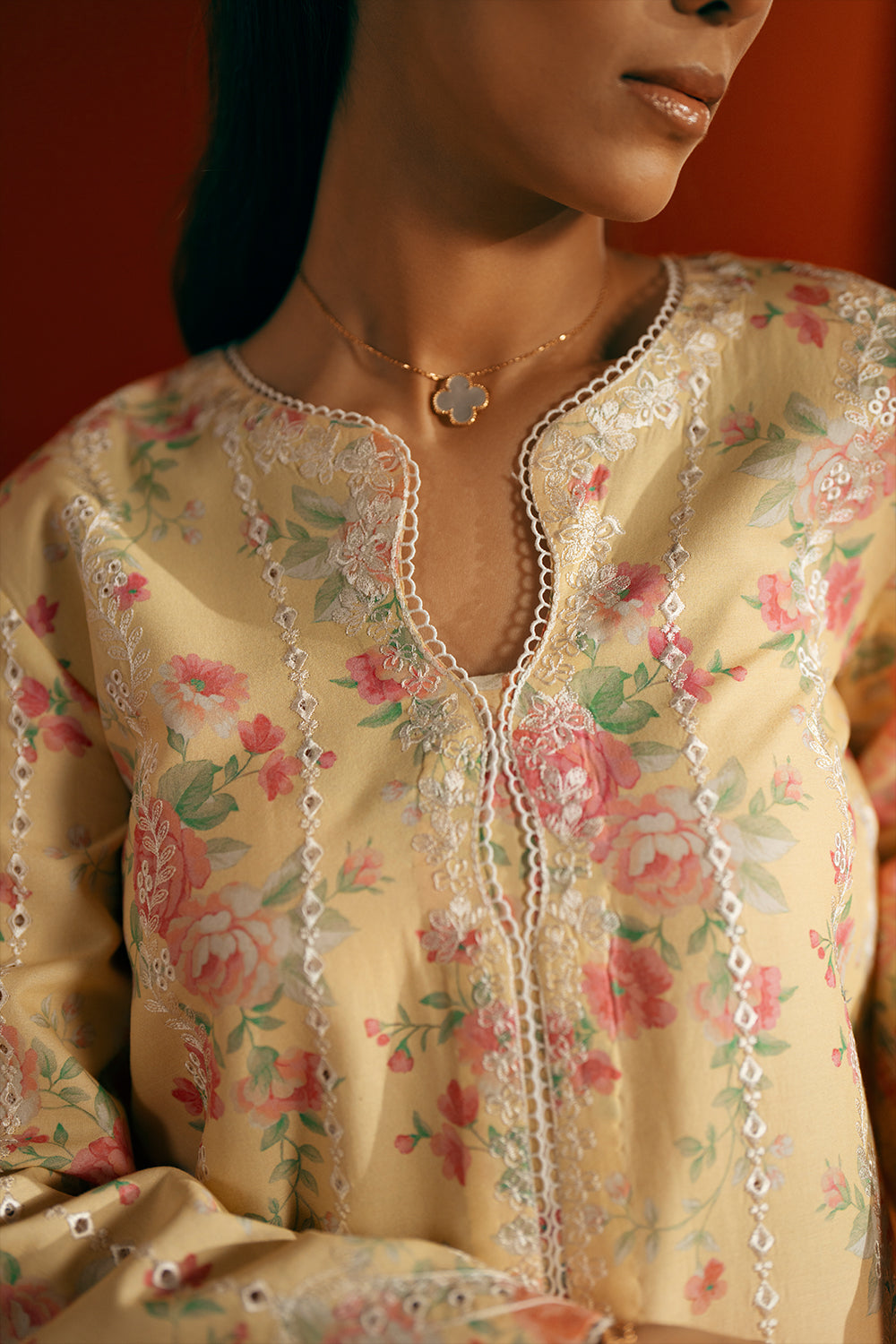 Model wearing yellow floral embroidered outfit from Saira Rizwan Joolie | YELLOW-JBP25-01, Pakistani luxury pret available online in UK.