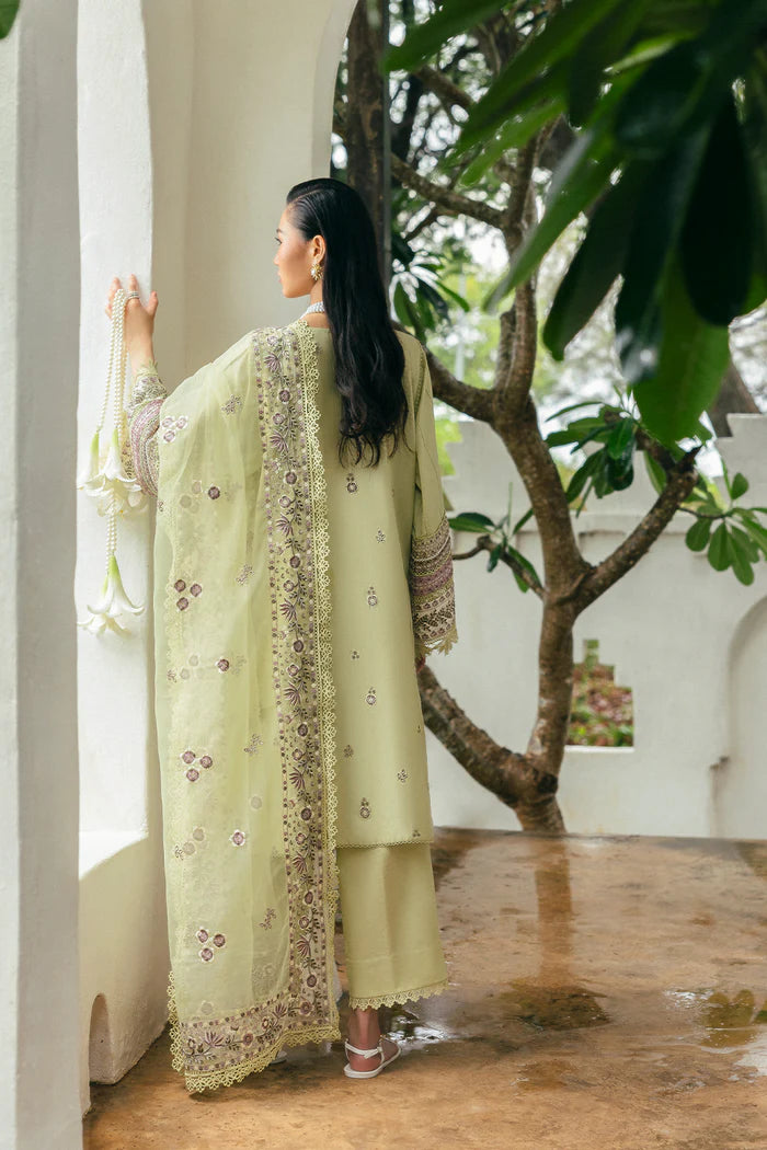 Model wearing soft lime green Saira Rizwan ELAN SREP01-25 from Sajri Eid Pret '25, Pakistani luxury pret, shop Pakistani clothes online in UK.