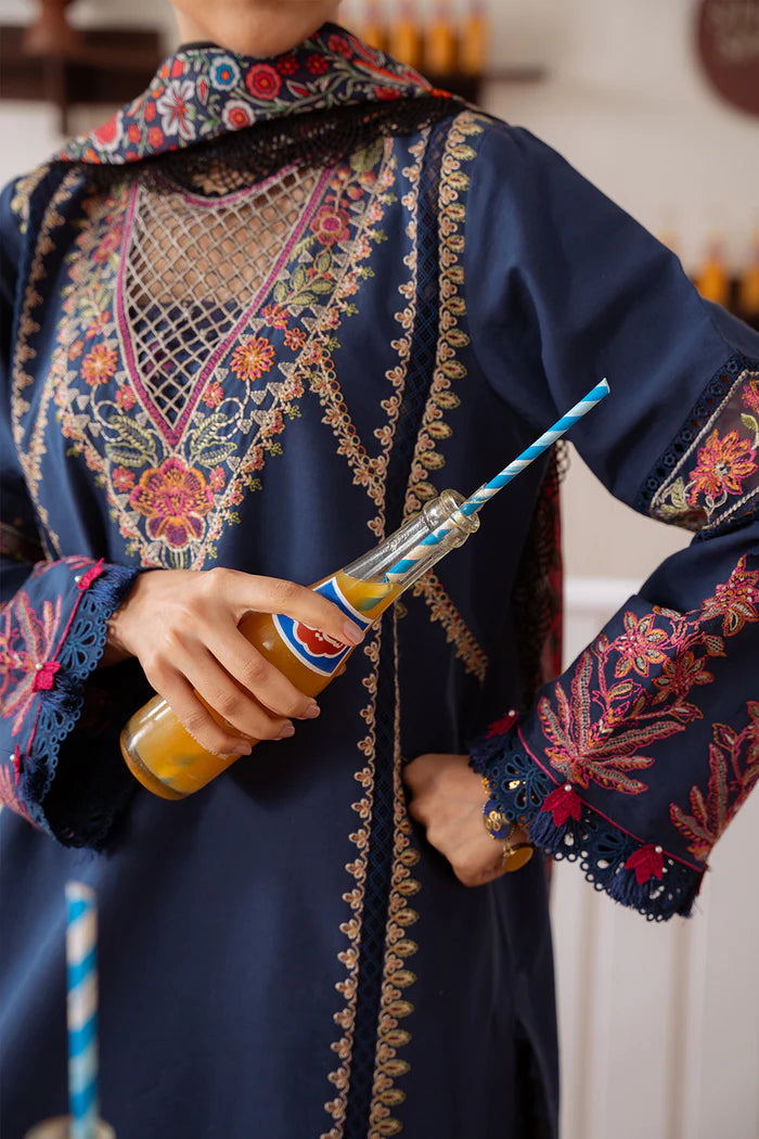 Model wearing navy blue ELIF-A-SRL25-05 from Saira Rizwan Laneem SS/25, ideal for Pakistani luxury pret and Pakistani clothes online in UK.