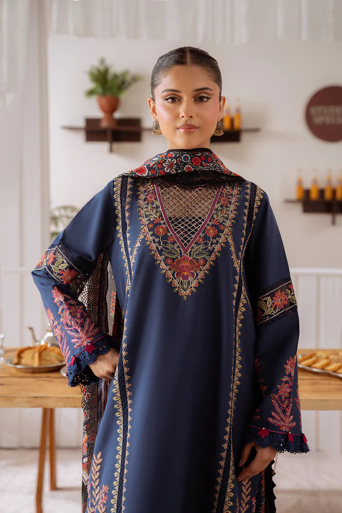 Model wearing navy blue ELIF-A-SRL25-05 from Saira Rizwan Laneem SS/25, ideal for Pakistani luxury pret and Pakistani clothes online in UK.