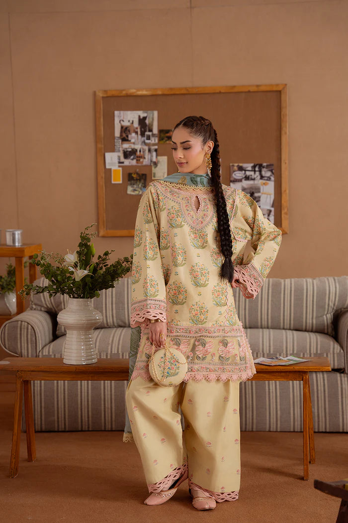 Model wearing pastel yellow NERIDA-A-SRL25-02 from Saira Rizwan Laneem SS/25, ideal for Pakistani luxury pret and clothes online in UK.
