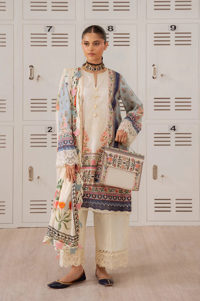 Model wearing cream and pastel multicolour ZUMRA-B-SRL25-07 from Saira Rizwan Laneem SS/25, perfect for Pakistani luxury pret in the UK.