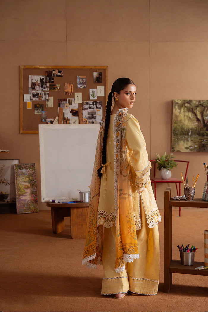Model wearing yellow LEYLA-A-SRL25-04 from Saira Rizwan Laneem SS/25, ideal for Pakistani luxury pret and Pakistani clothes online in UK.
