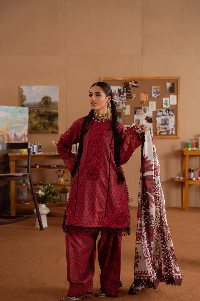 Model wearing deep maroon SEREN-A-SRL25-08 from Saira Rizwan Laneem SS/25, ideal for Pakistani luxury pret and clothes online in UK.