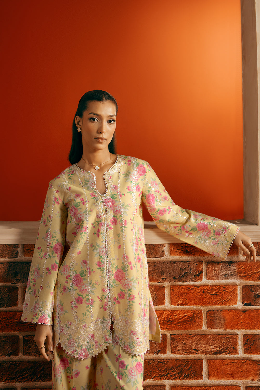 Model wearing yellow floral embroidered outfit from Saira Rizwan Joolie | YELLOW-JBP25-01, Pakistani luxury pret available online in UK.