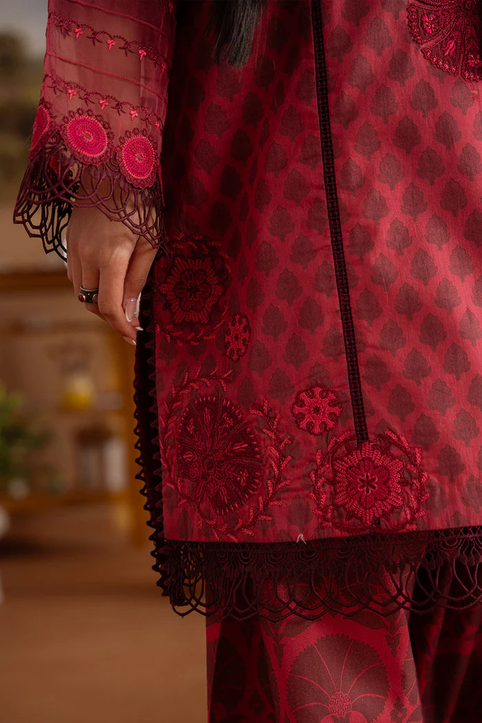 Model wearing deep maroon SEREN-A-SRL25-08 from Saira Rizwan Laneem SS/25, ideal for Pakistani luxury pret and clothes online in UK.