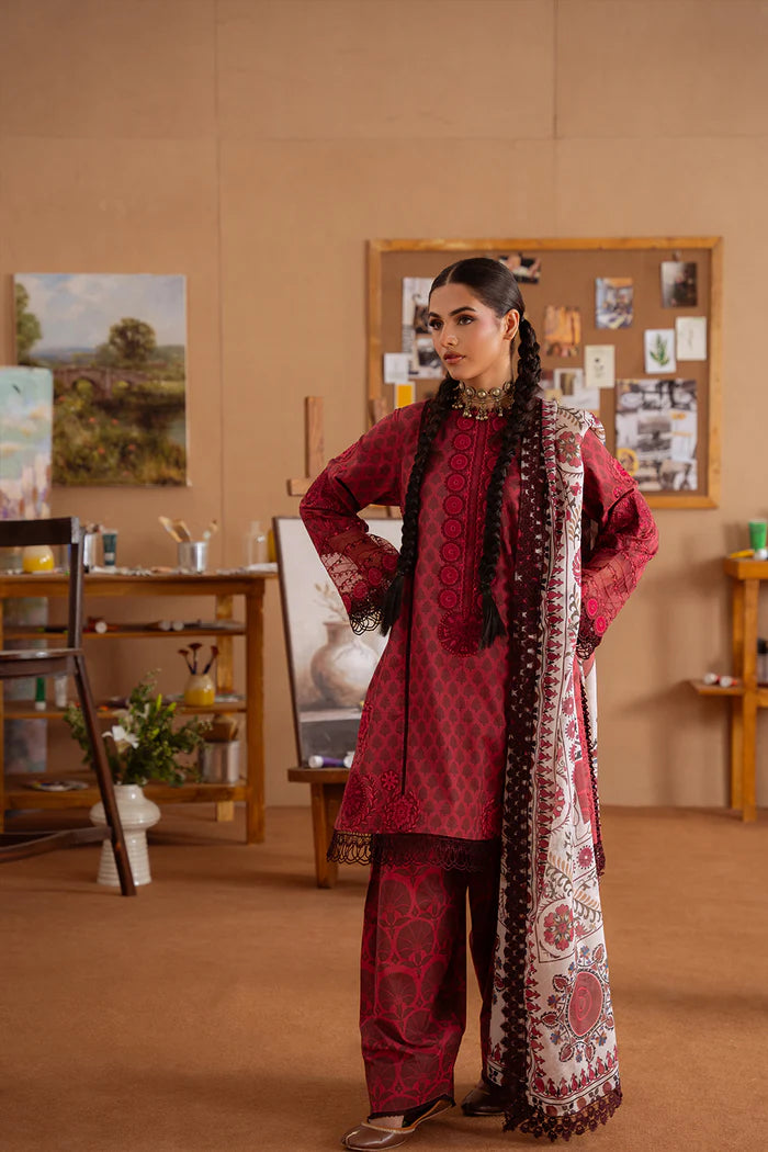 Model wearing deep maroon SEREN-A-SRL25-08 from Saira Rizwan Laneem SS/25, ideal for Pakistani luxury pret and clothes online in UK.