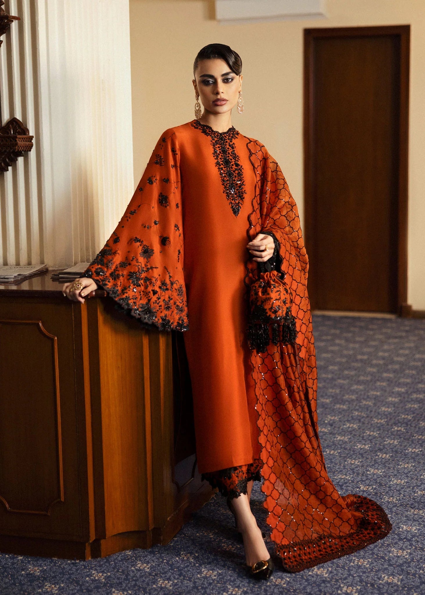 Model wearing Sheryl from Hussain Rehar's BASIC NOT BASIC V collection in a chic neutral tone. Festive wear, Pakistani clothes online in UK.