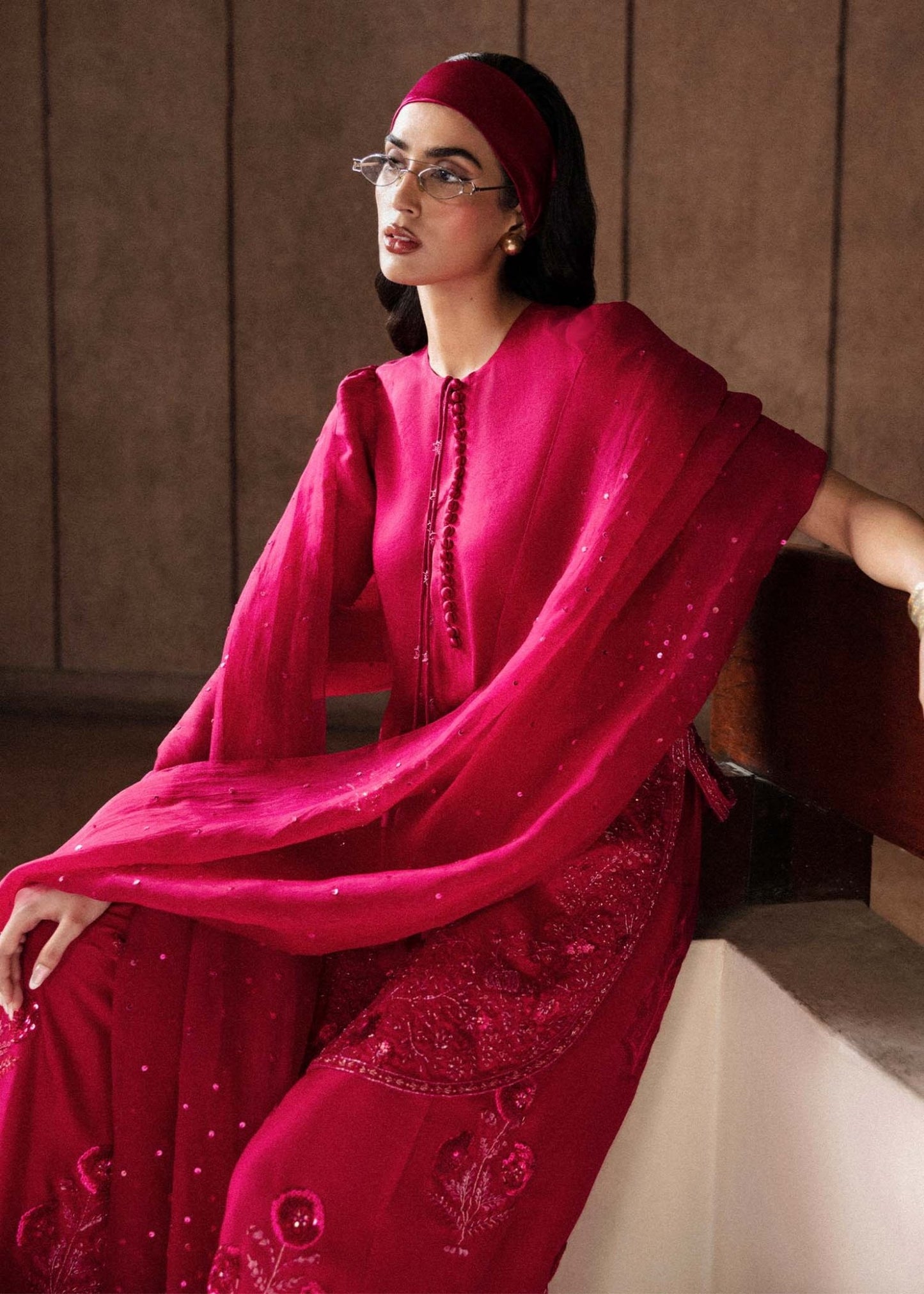 Model wearing a vibrant pink Cerise dress from Hussain Rehar's Luxury Pret Eid '24 collection. Pakistani clothes online in UK.