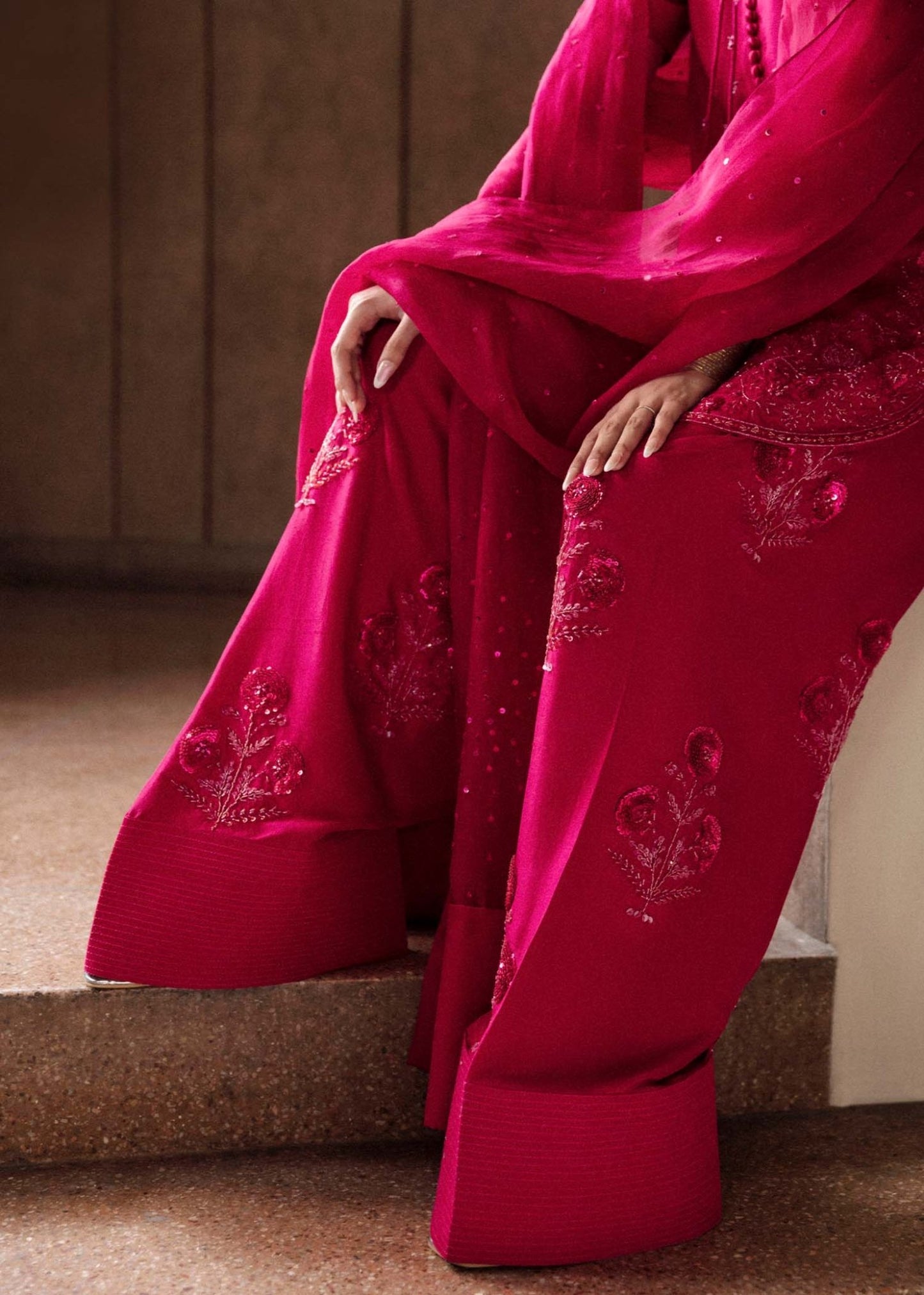 Model wearing a vibrant pink Cerise dress from Hussain Rehar's Luxury Pret Eid '24 collection. Pakistani clothes online in UK.