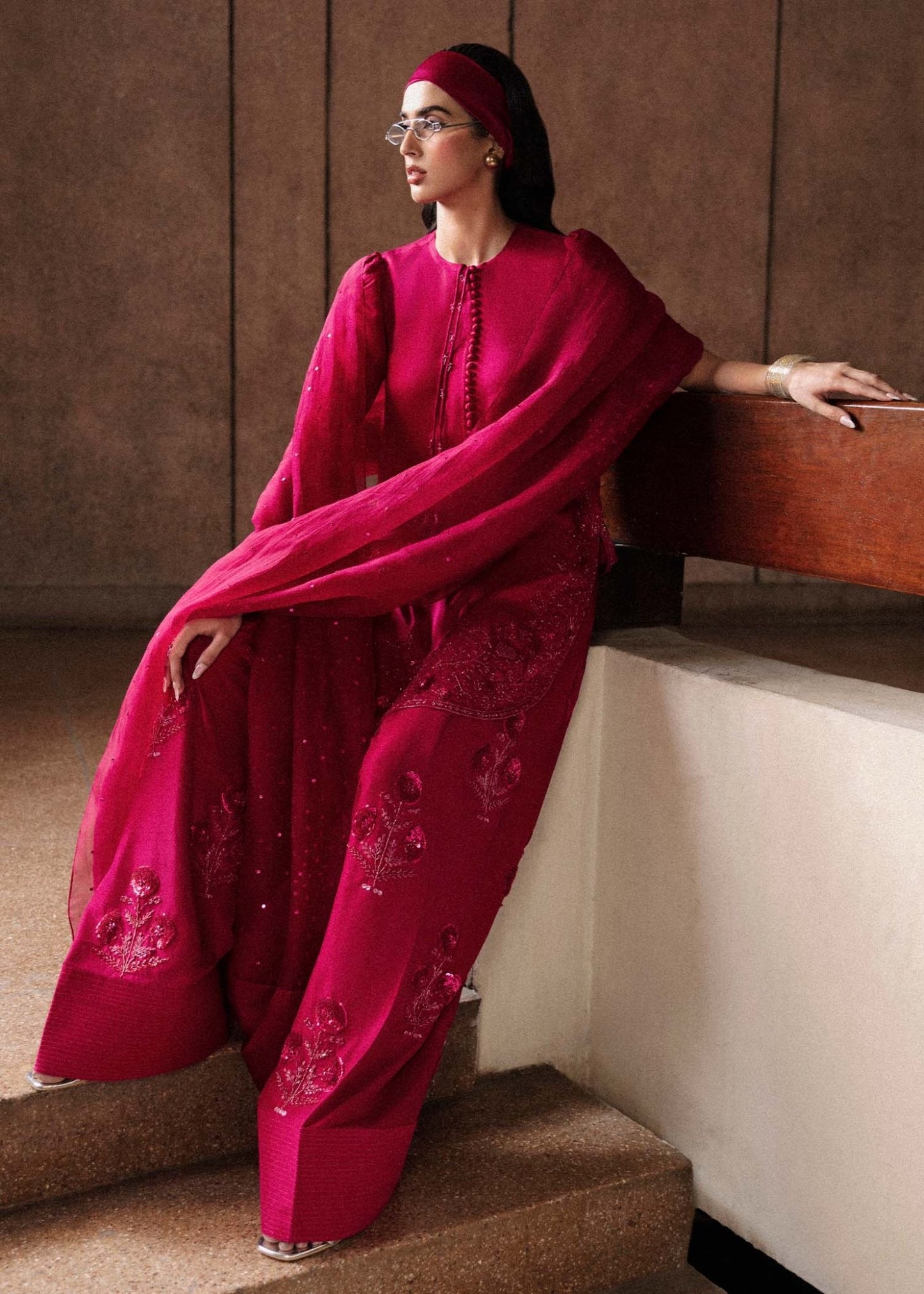 Model wearing a vibrant pink Cerise dress from Hussain Rehar's Luxury Pret Eid '24 collection. Pakistani clothes online in UK.