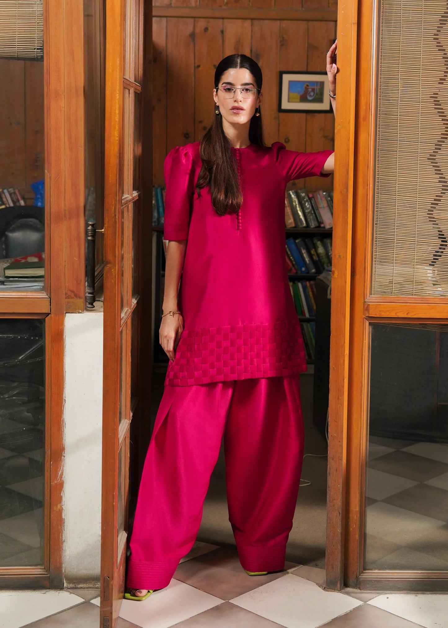 Model wearing Celestia dress from Hussain Rehar's Pay Day Vol. IV collection. Explore Hussain Rehar and Pakistani clothes online in UK at Signature Labels.